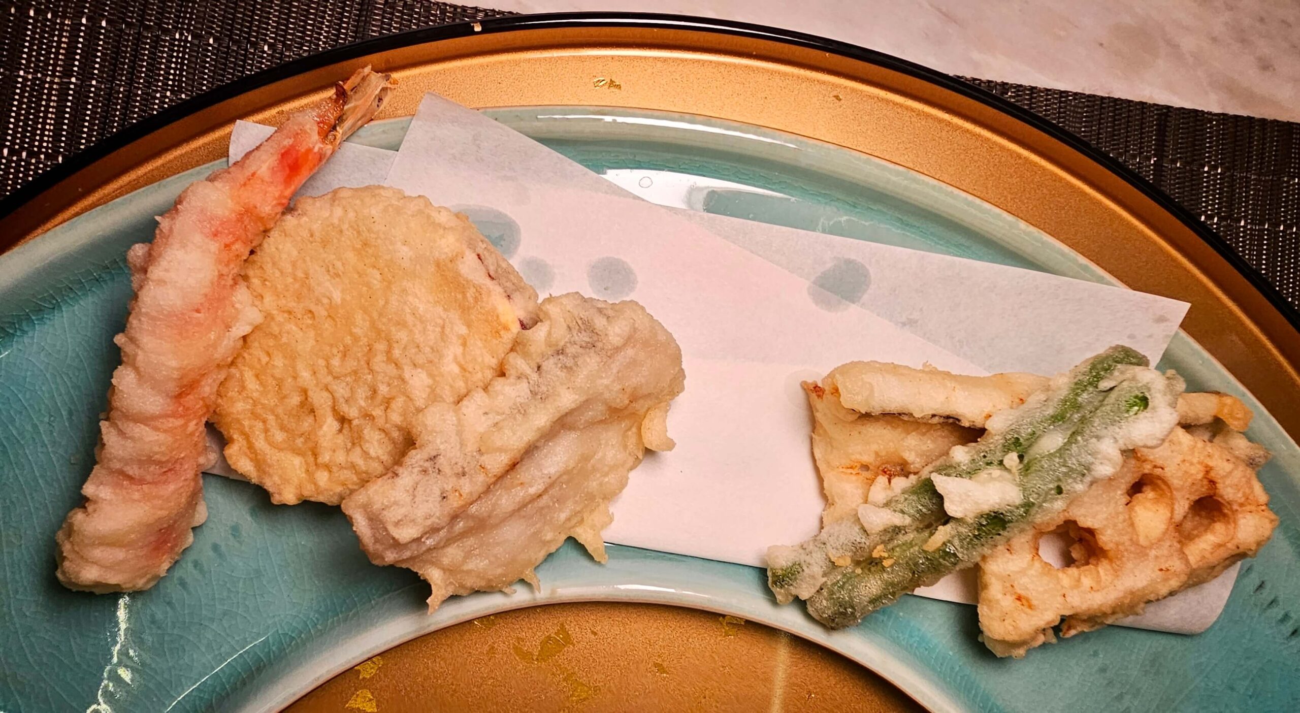 Tempura: Saimaki-ebi (shrimp), hamo (pike conger), cuttlefish, pecoros (small onion), asparagus