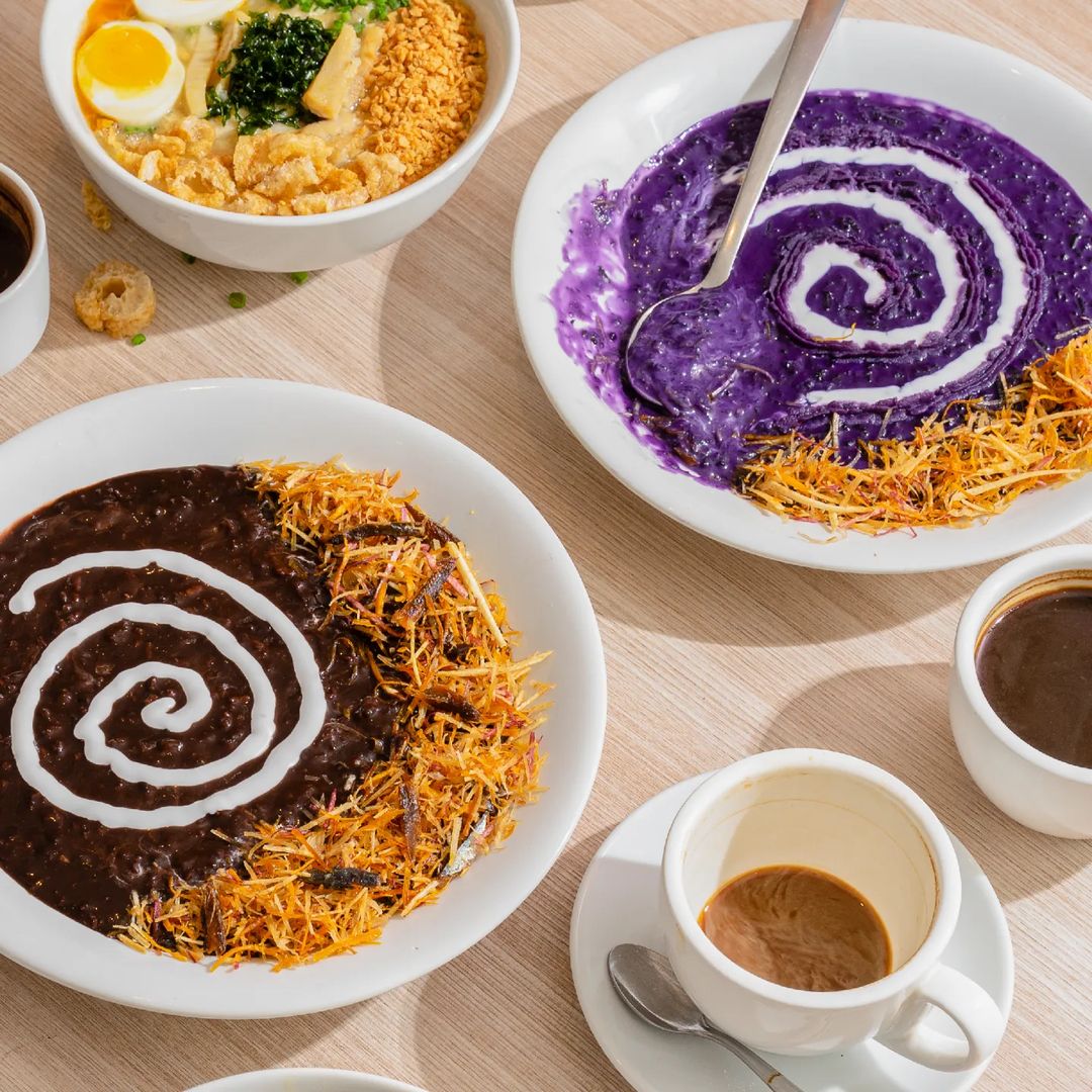 TOP LEFT: Sinigang na Beef Short Rib & Watermelon. TOP RIGHT: Lumpiang Ubod. BOTTOM LEFT: Breakfast favorites (Super Arroz Caldo, Chocolate Champorado, Ube Champorado)