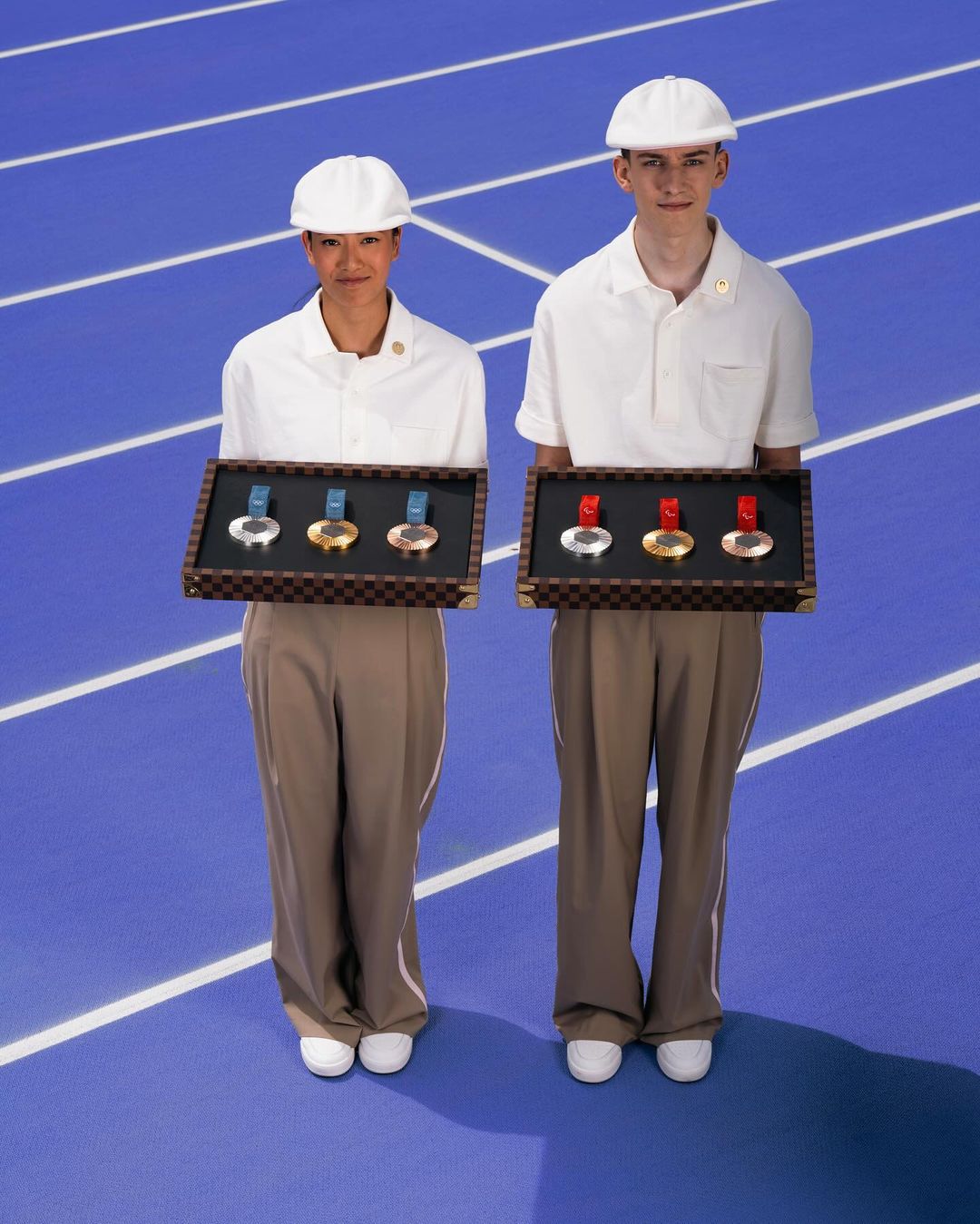 LEFT: Team France in Berluti uniforms for the Opening Ceremony. RIGHT: Medal bearers wearing uniforms from Louis Vuitton.