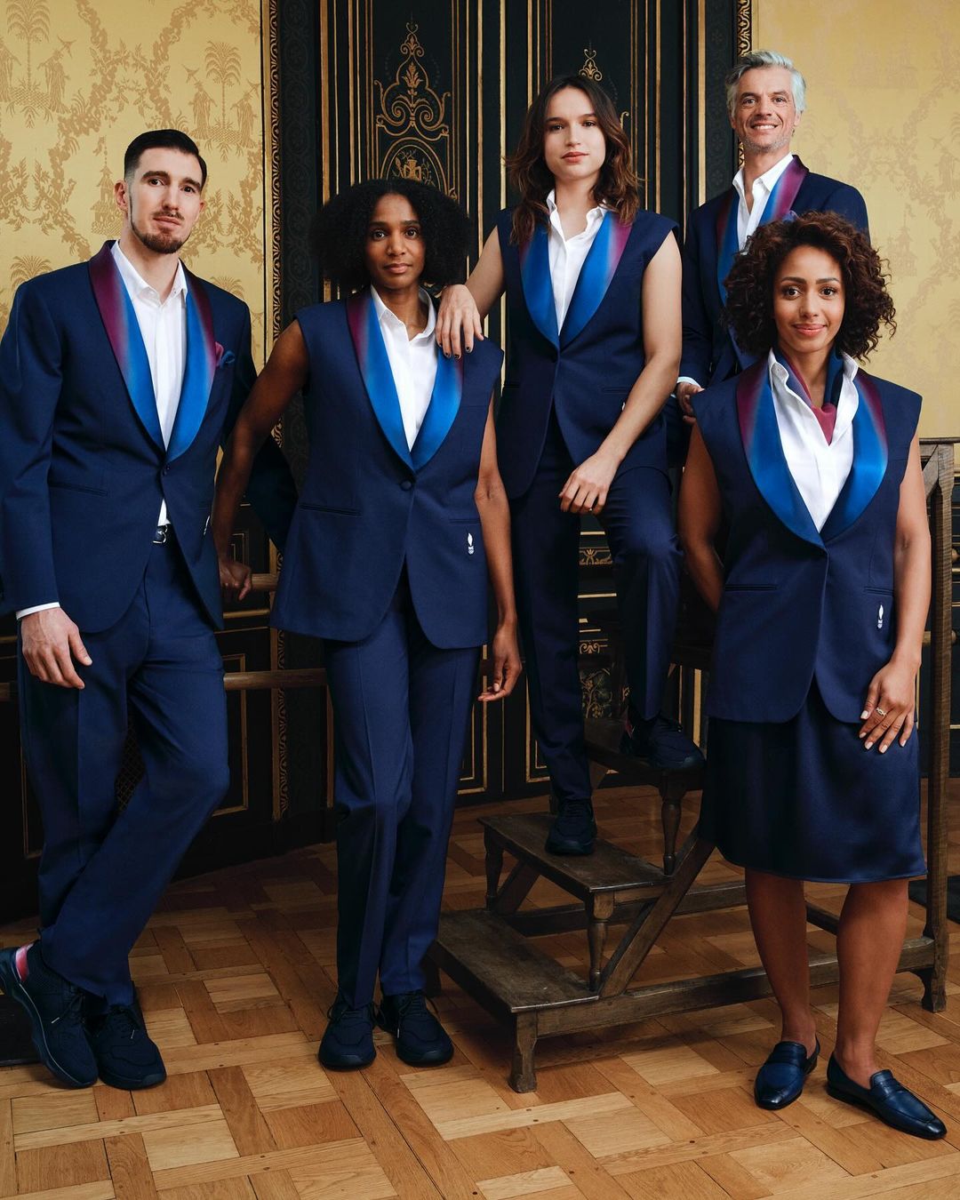 LEFT: Team France in Berluti uniforms for the Opening Ceremony. RIGHT: Medal bearers wearing uniforms from Louis Vuitton.