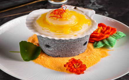 TOP LEFT: Poached Hokkaido Scallop in Sour Broth. TOP RIGHT: Braised Sea Treasures Broth. BOTTOM: Crystal Dragon’s Roasted Farm Peking Duck.