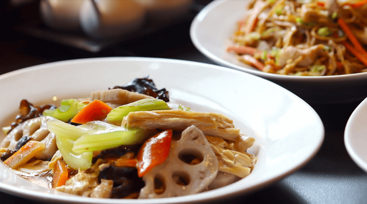 LEFT: Braised Vegetarian Mushrooms, Bean Curd Skin. RIGHT: Tofu with Century Egg and Meat Floss.