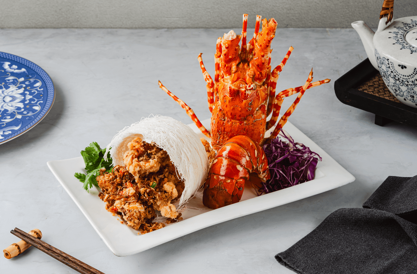 TOP LEFT: Wok-fried Lobster, Bi Feng Tang style. TOP RIGHT: Braised Lobster Noodles in Superior Sauce. BOTTOM: Steamed Lobster with Egg White in Spinach Sauce.