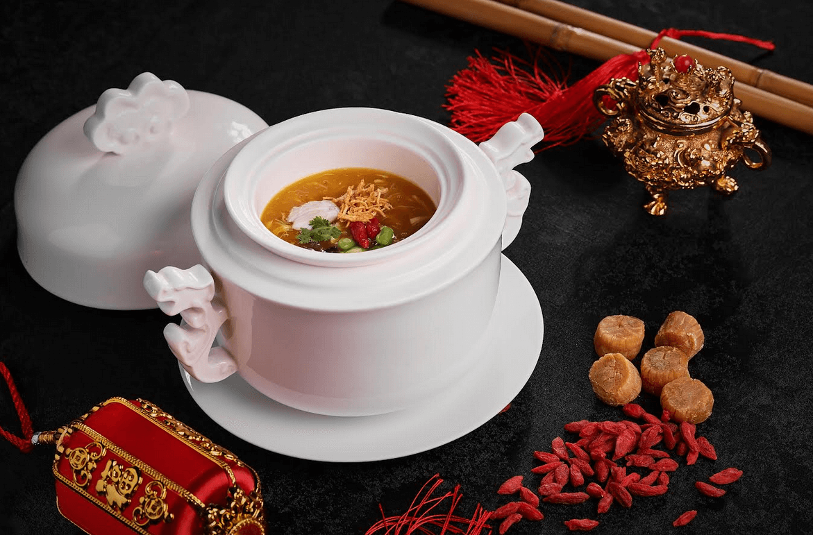 TOP LEFT: Poached Hokkaido Scallop in Sour Broth. TOP RIGHT: Braised Sea Treasures Broth. BOTTOM: Crystal Dragon’s Roasted Farm Peking Duck.