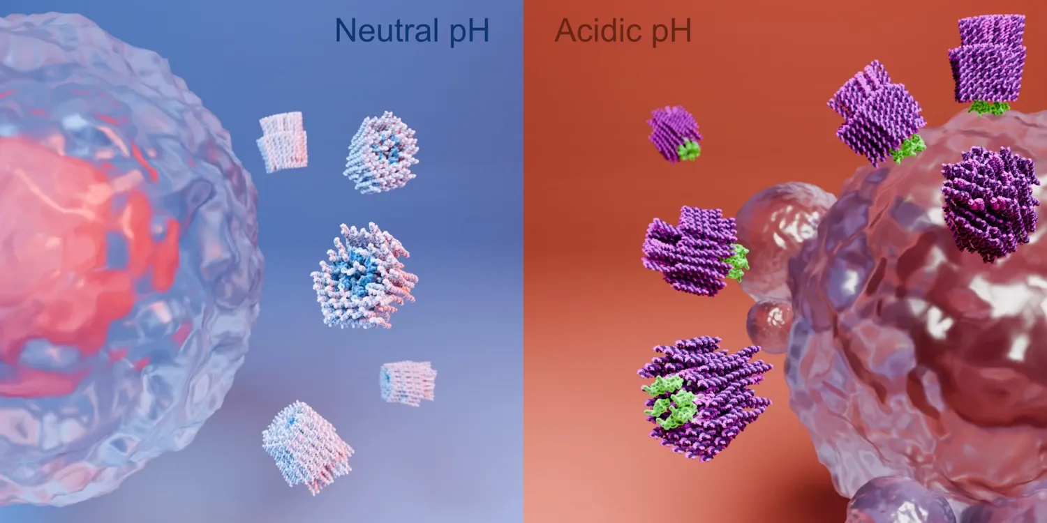 An illustration by Boxuan Shen on the nano-robots in neutral pH vs acidic pH environments (the latter of which is present in cancer cells they need to kill)