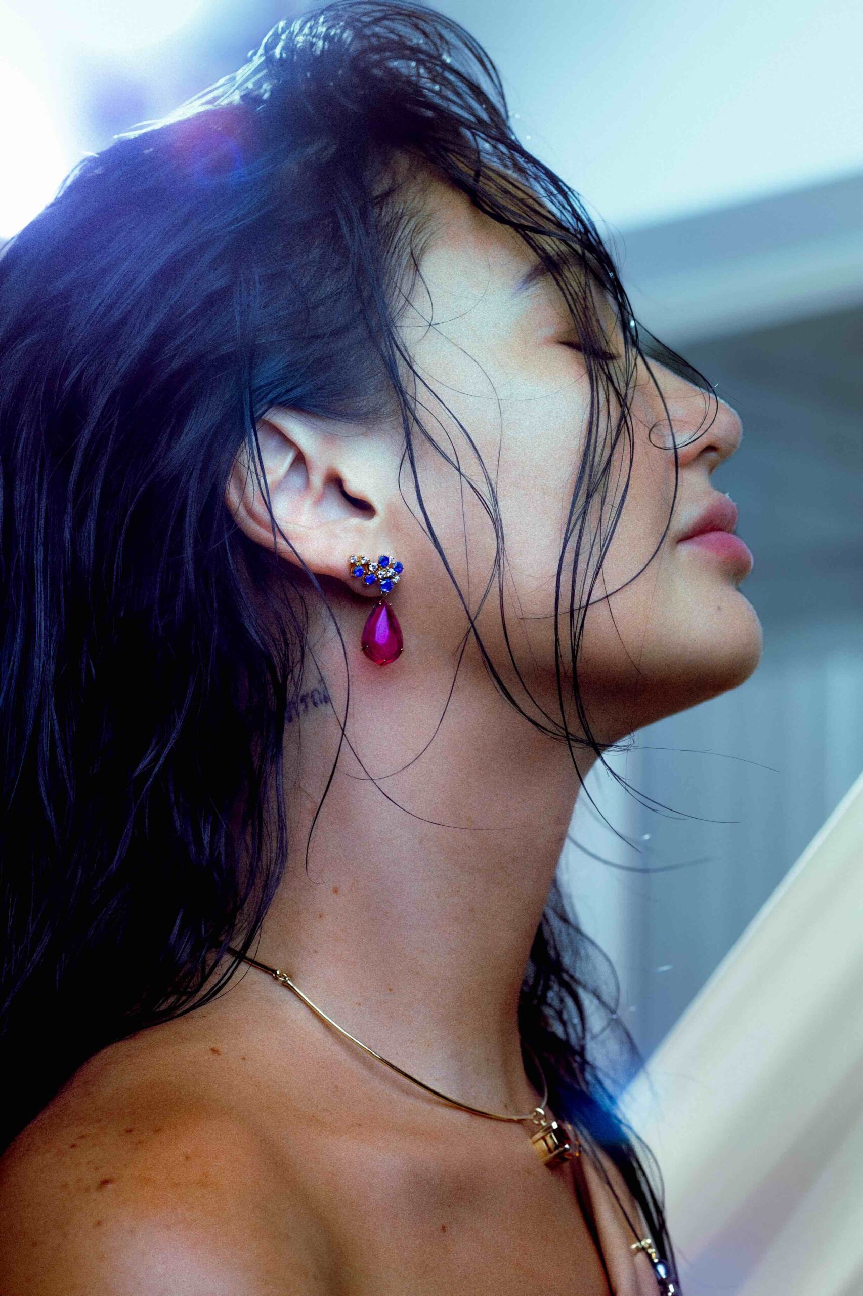 Ceylon sapphire ear crawlers with rubellite drops and citrine cushion minimalist necklace by Paul Syjuco