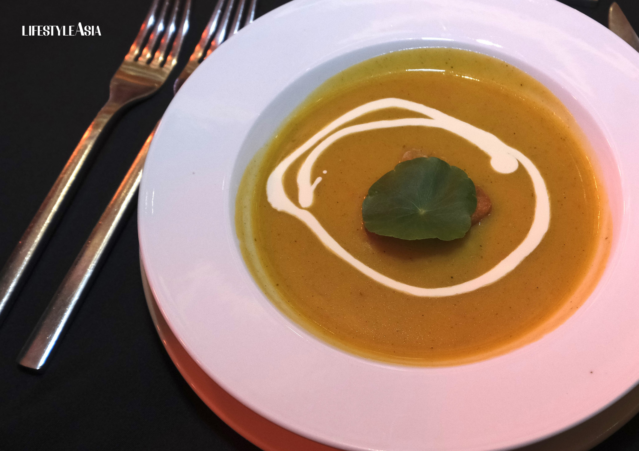 Fried Bread and Kesong Puti topped with Batangas Honey and Edible Flowers; Slow-cooked Angus Short Plate with Cranberry Jus, Boursin Potato Puree, and Balsamic Onion Confit; Squash Soup