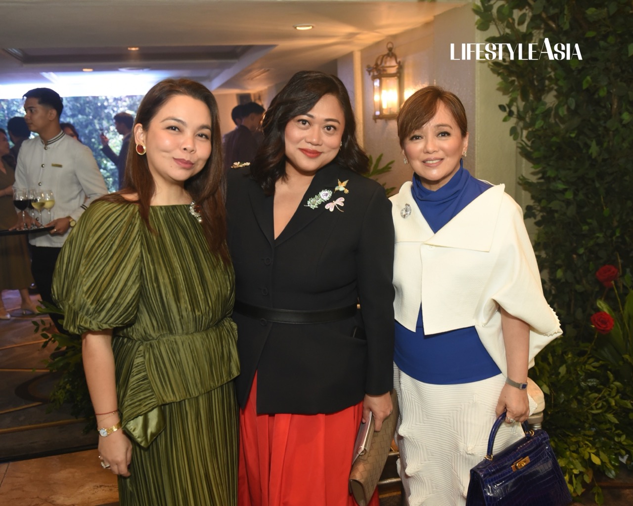 Candy Dizon with Christine, Cassey, Bryan, and Abigail Yap; Ana de Ocampo, Kaye Tinga, Mia Borromeo, and Ling Ling King; CEO of AGC Powerholdings Corp. Archie Carrasco, Christophe Bariou, and Nadine Lustre; Roxanne and Erickson Farillas, Candy Dizon, and Yvette Fernandez; Melanie Tan, Candy Dizon, and Suzette Ayson Lifestyle Asia Garden Gala