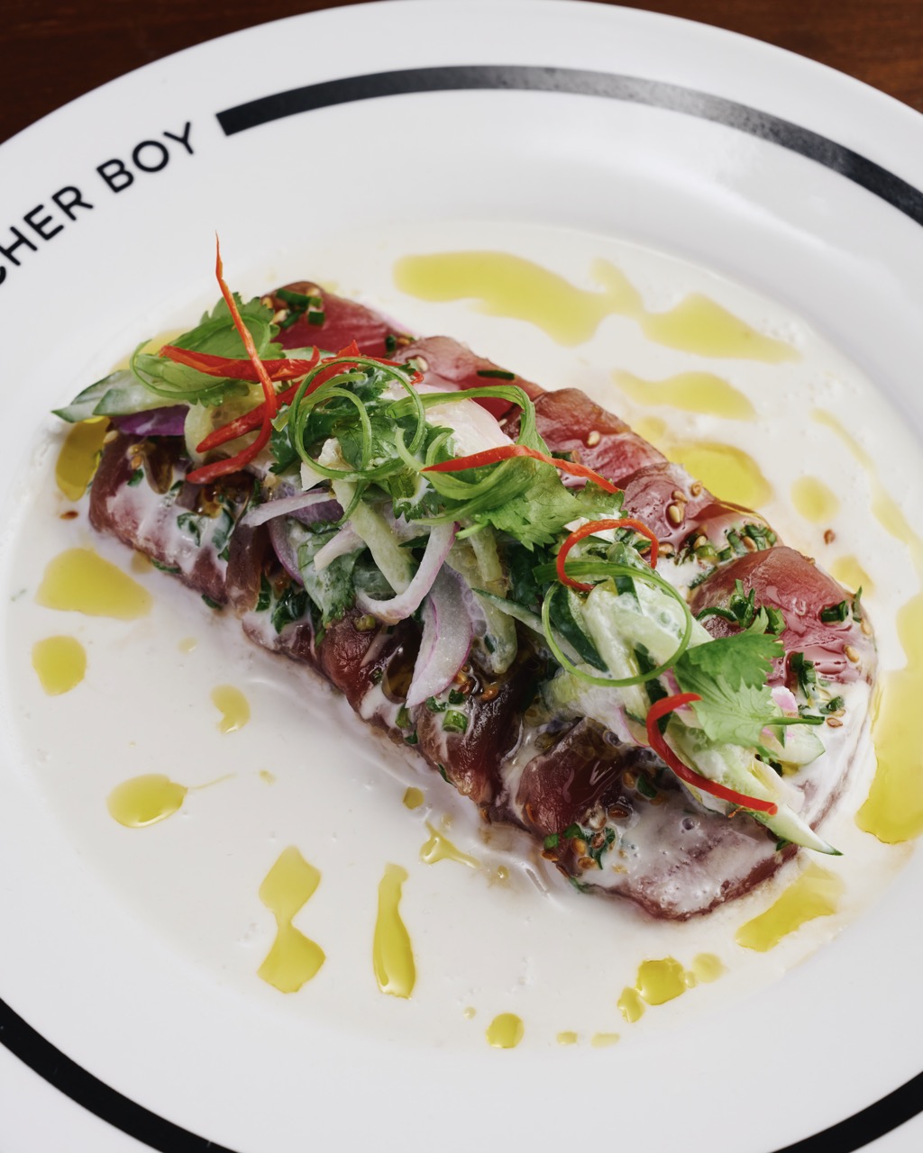 Tuna Ceviche; Seabass Yellow Curry; Laksa Dumplings; Sticky Pork Rib Adobo Butcher Boy