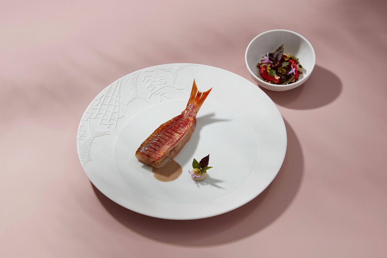 Dishes by Chef Arnaud Faye: Caviar osciètre de Sologne; Homard bleu de la Côte d’Opale; Rouget de Méditerranée; Tomate/Photos by Thomas Dhellemmes
