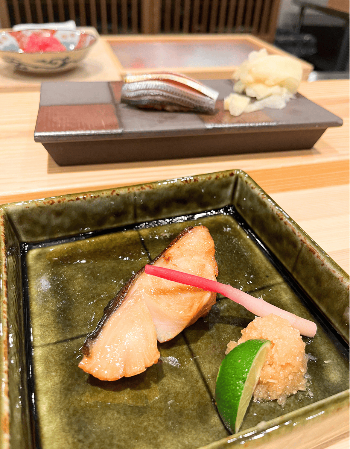 Grilled bluefish, with gizzard shad nigiri in the 