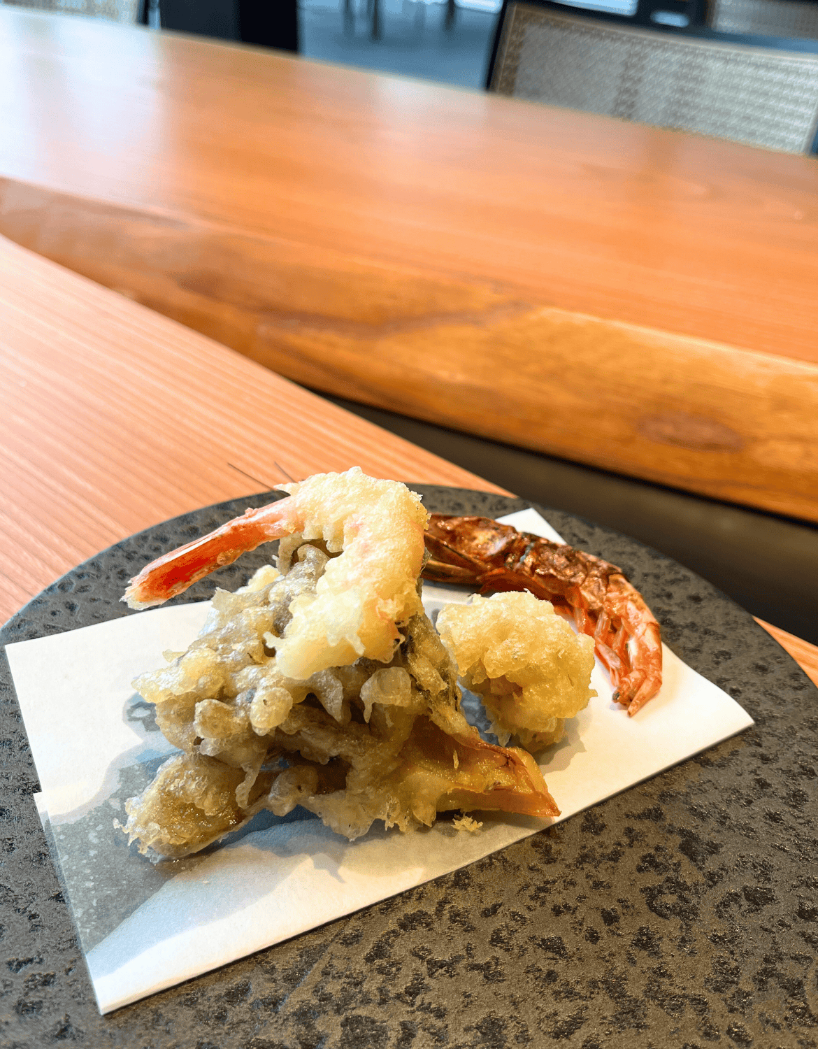 Shrimp, mushroom and lotus root tempura