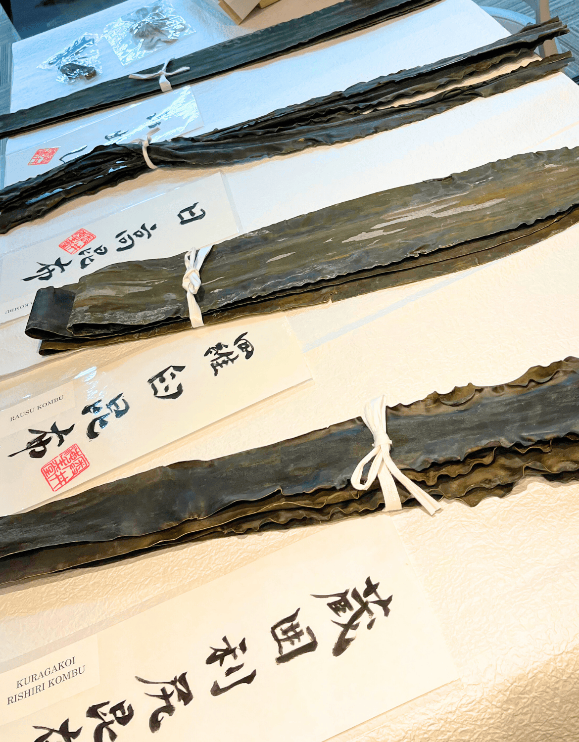 A selection of different kinds of dried kombu at Okui Kaisedo in Fukui