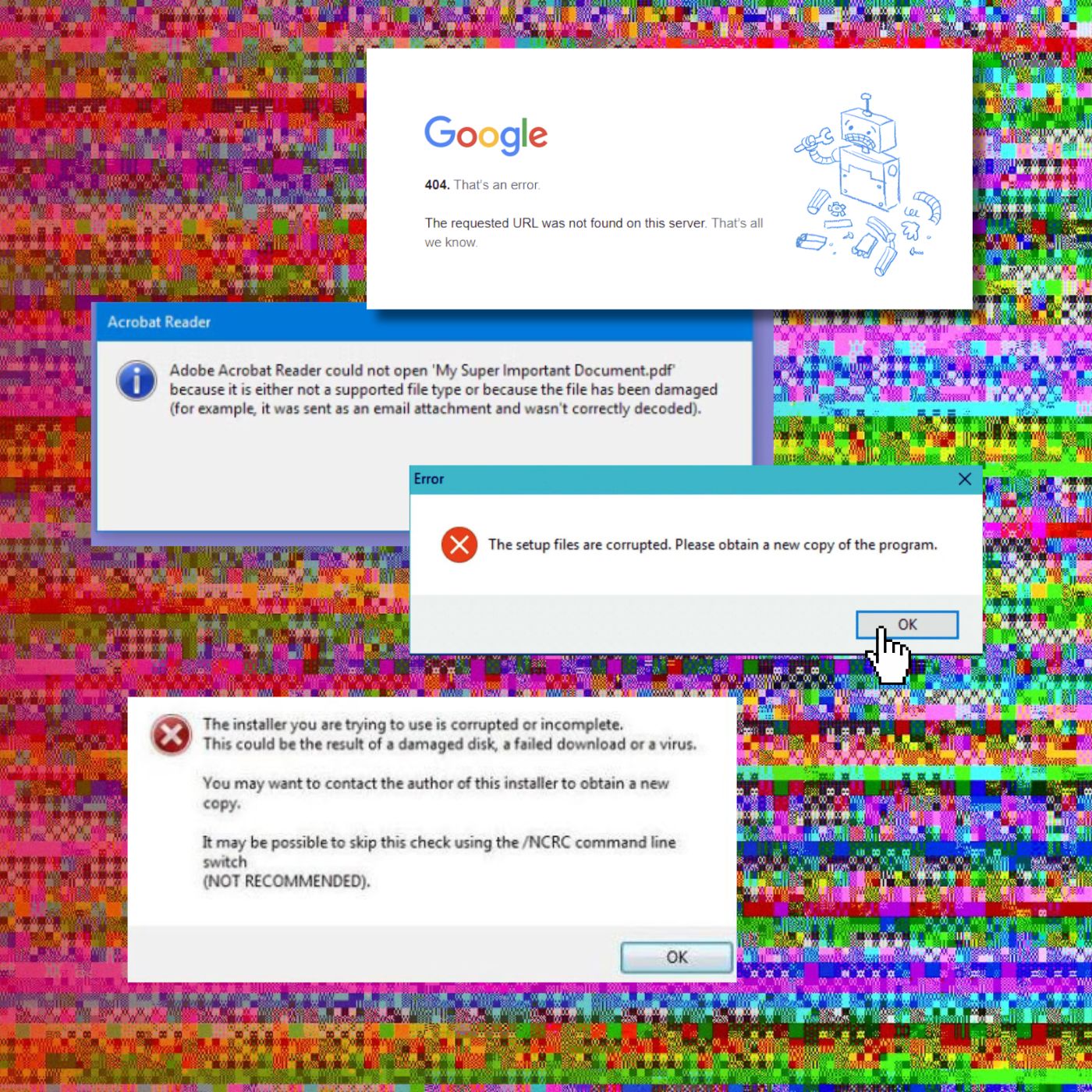 Samples of various errors that could indicate digital decay in files or link rot online, set against the backdrop of a corrupted JPEG