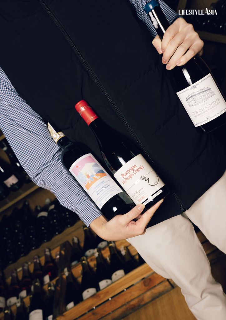 On the left are three particularly special wines to Jaime: a bottle of 2008 Roberto Voerzio 'Fossati Case Nere' Riserva 10 Anni (a type of red wine from Piedmont, Italy), similar to the one he tried when he was younger that sparked his love for wines; and bottles from Camille Thiriet and Gérard Mugneret (both based in Burgundy), vintners with wines he helped harvest and create 