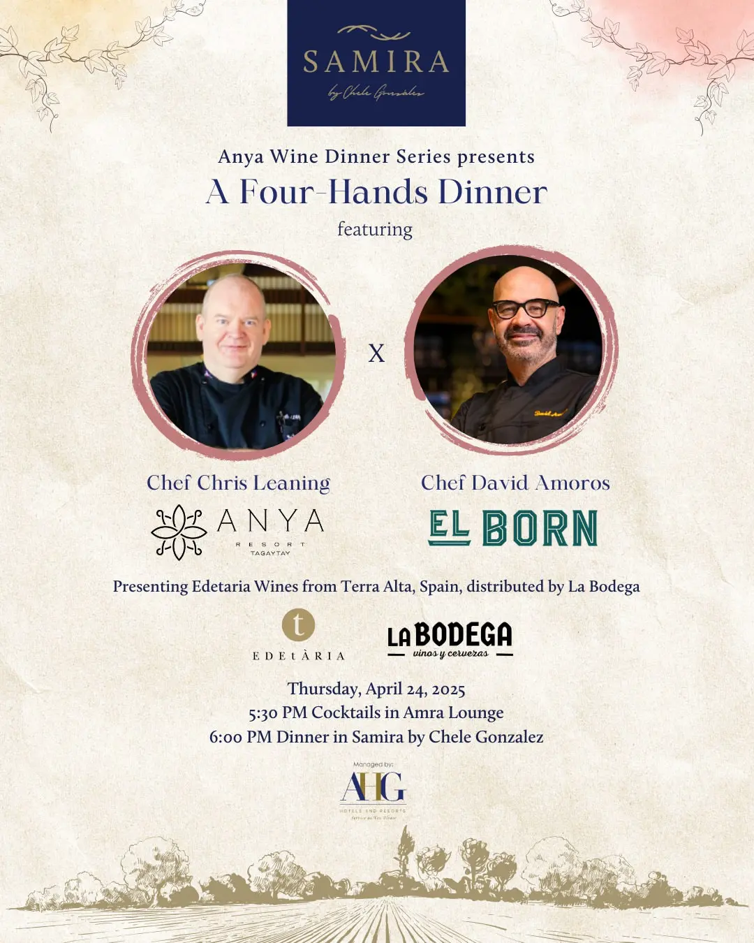The wine pairing menu and the official invitation for Anya's upcoming Four Hands Dinner