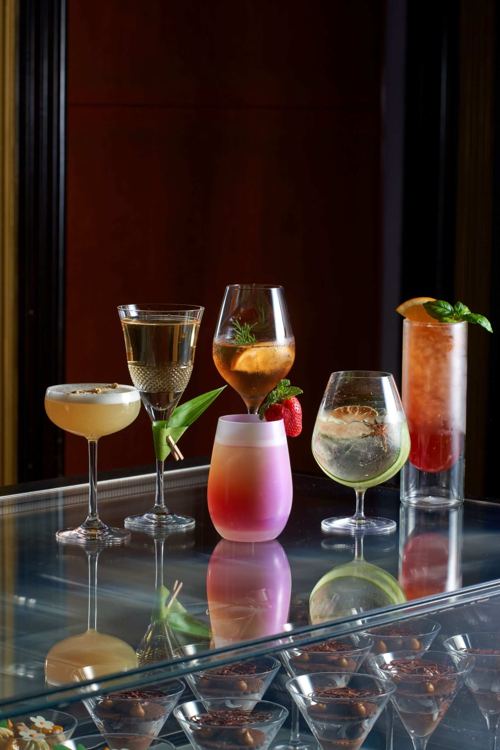 Chamomile Peach Sour, Apple Lemongrass Pandan Spritzer, Chandon Aperol Spritz, Jasmine Tonic Delight, and Rooibos Refresher at the Merienda Cena Grand Afternoon Tea