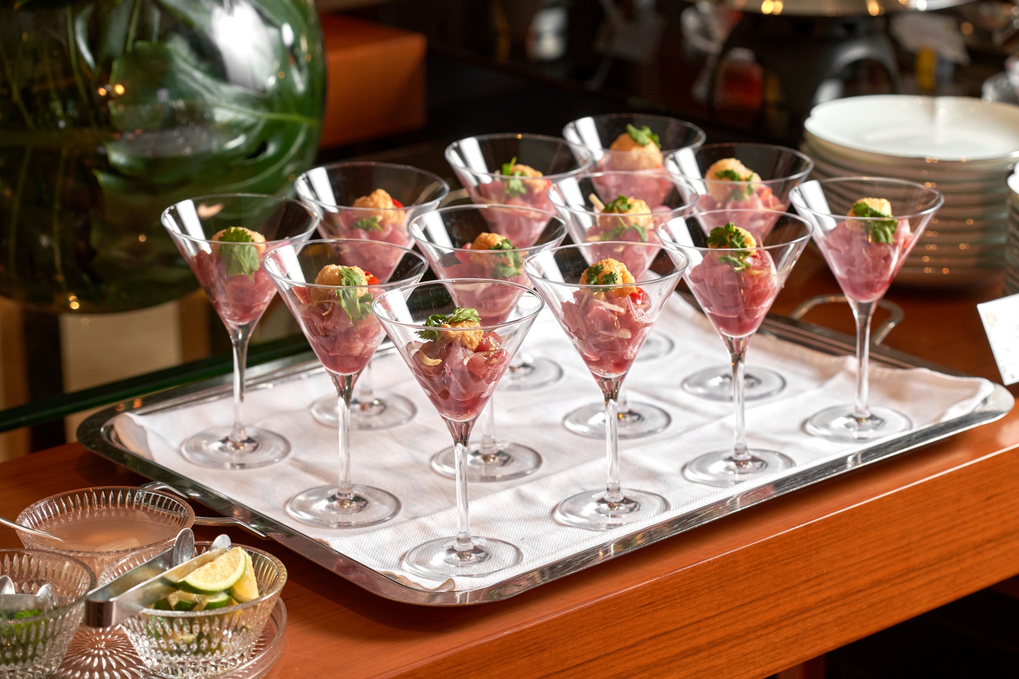 Kinilaw na Tuna with ceviche, spiced vinegar, chili, red onion, and crushed pork crackling