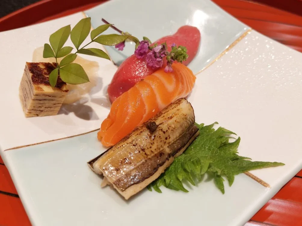 Chutoro, Salmon, and Anago sushi