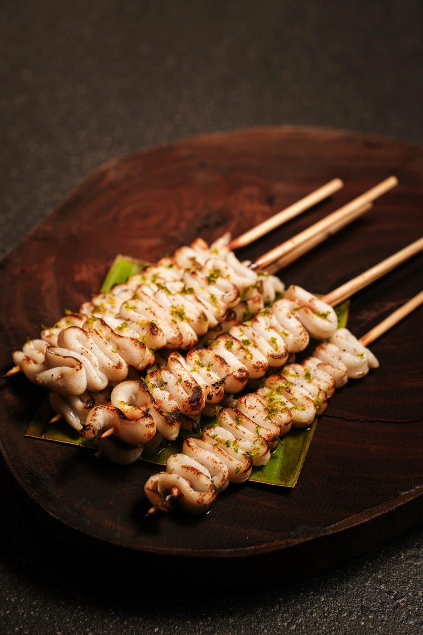 Grilled Squid in Etag and Bacon Patis; Crab Relleno with Bacon Jam and Pansit-pansitan; Halo-Halo