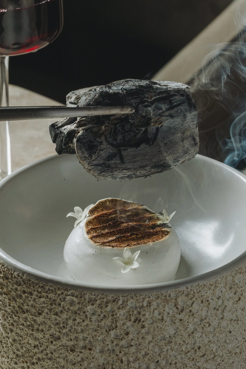 Burnt Brazo; Chocolate and Pistachio Entremet Taupe Dining Elements Menu