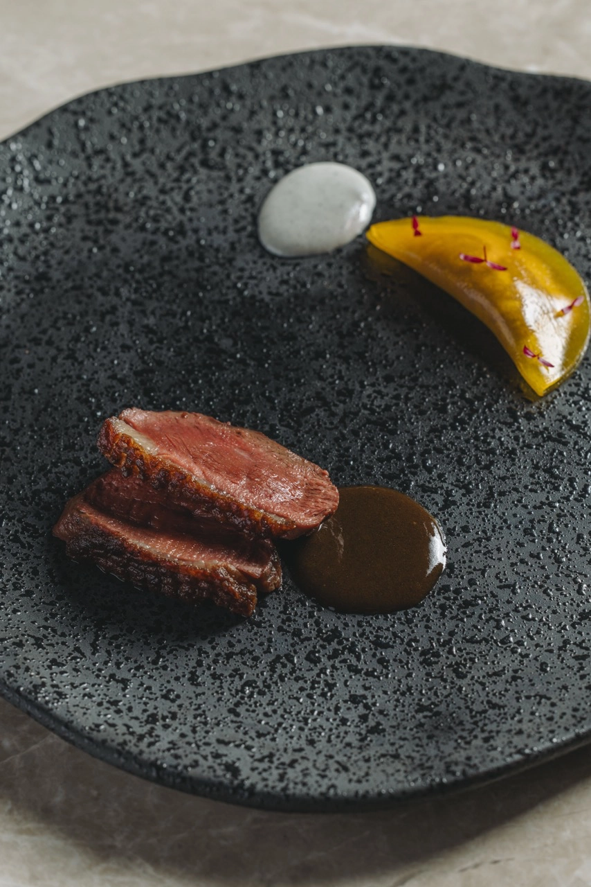 Dry-aged Duck and 24K Magic palate cleanser Taupe Dining Elements Menu