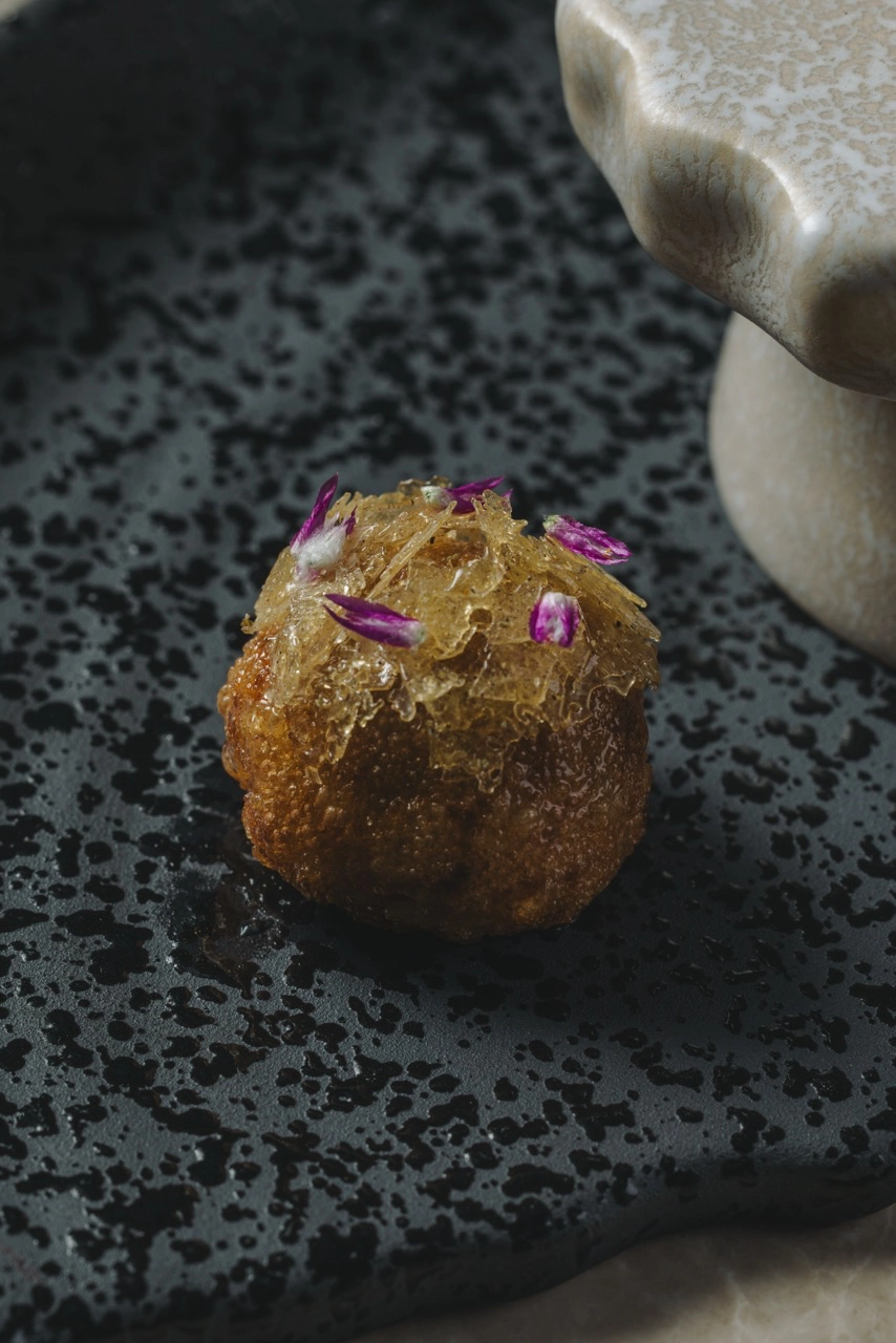 Pinoy Petit Fours: Karyoka, Turon, Hopia, and Bibingka Taupe Dining Elements menu