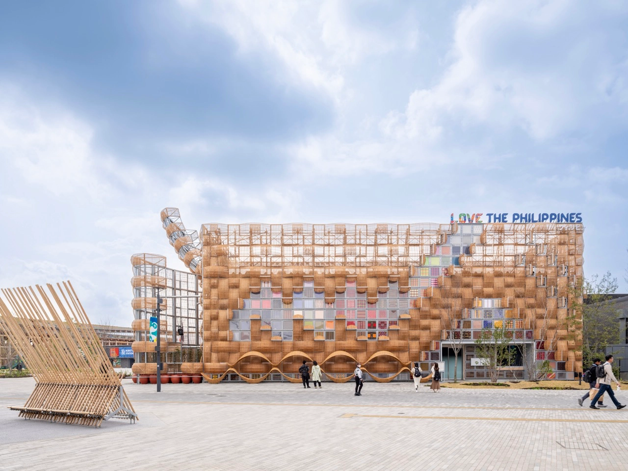 Exterior of the Philippine Pavilion at the Osaka Expo 2025, built around the theme “Nature, Culture, and Community: Woven Together for a Better Future,” represents the largest collaboration of Filipino community weaves in one project/Photography by Ed Simon of KLIQ, Inc.