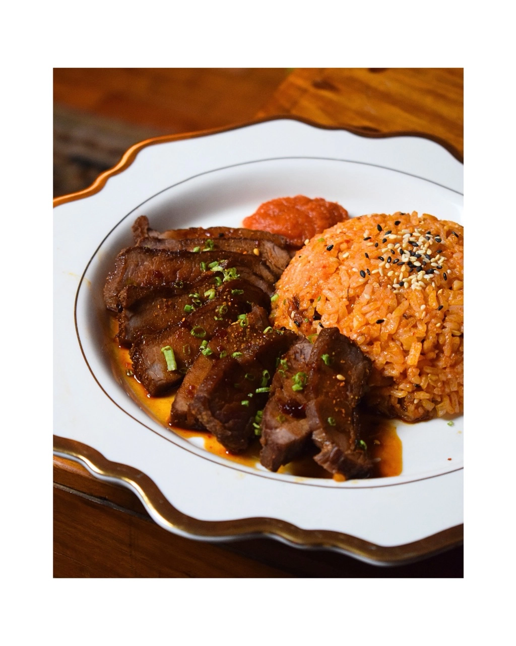 Dishes from La Vie En Rose's recent Supper Club collaboration with Chef Martin Laurel: Kimchi Bacon Mozzarella Croquettes; Mango Kinilaw; Gochu-Teriyaki Flank Steak and Kimchi Rice; Frozen Yogurt Mango Float