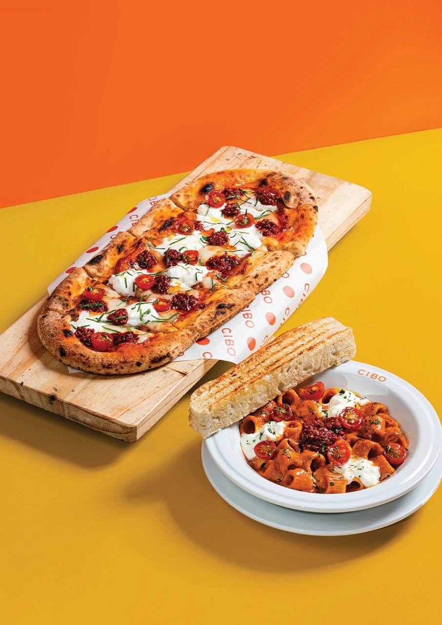 Chef Jorge Mendez with the CIBO limited edition dishes, Nduja Pizza and Tubettoni alla Nduja