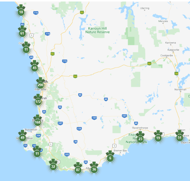 Map of Western Australia showing Beach Emergency Number sign locations