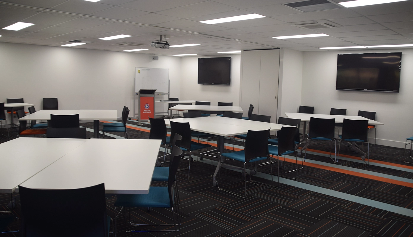 A training room set up in classroom style