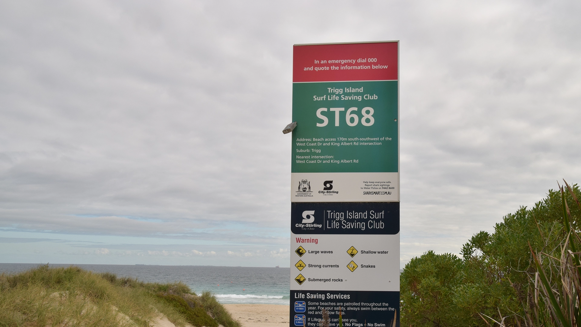 A Beach Emergency Number sign, ST68, at Trigg Beach
