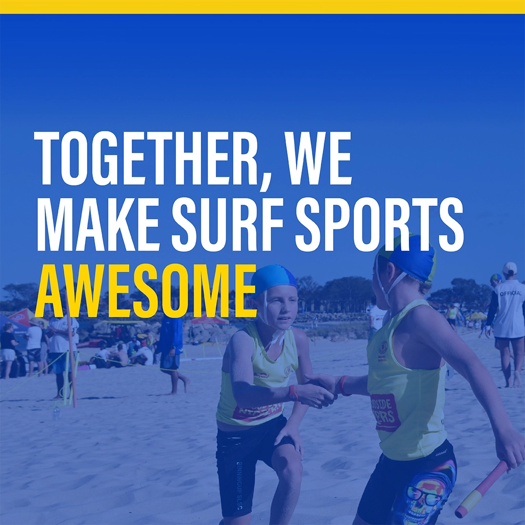 Surf sports promotional graphic reading Together, we make surf sports awesome