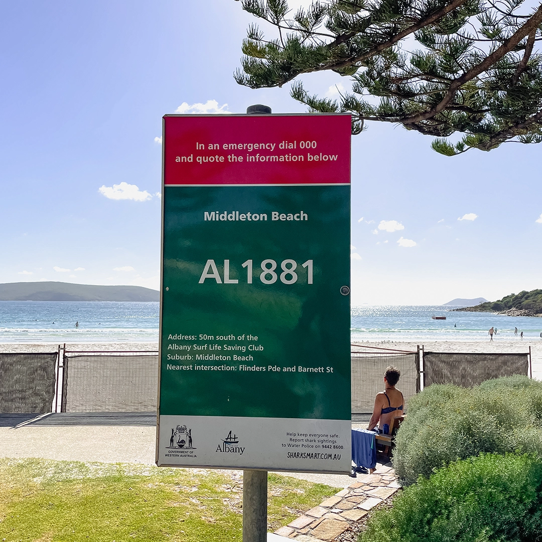 A Beach Emergency Number sign, AL1881, at Middleton Beach