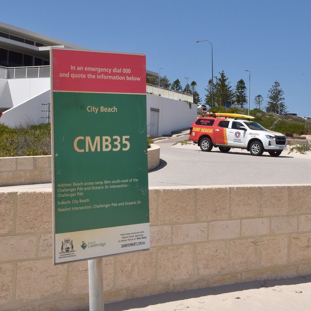 A Beach Emergency Number sign, CMB35, at City Beach