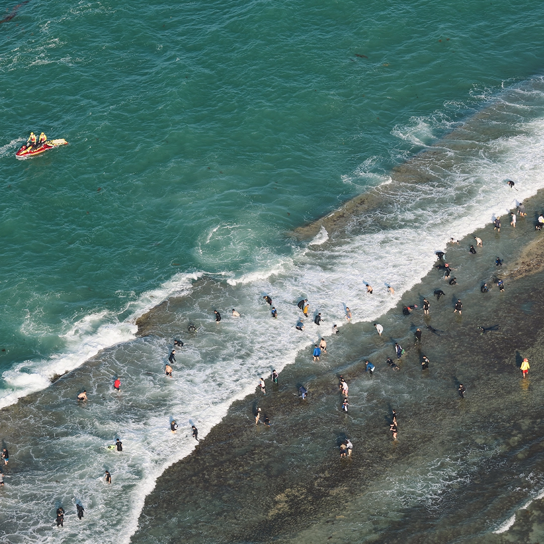 Aerial view of abalone fishers along a rocky shoreline