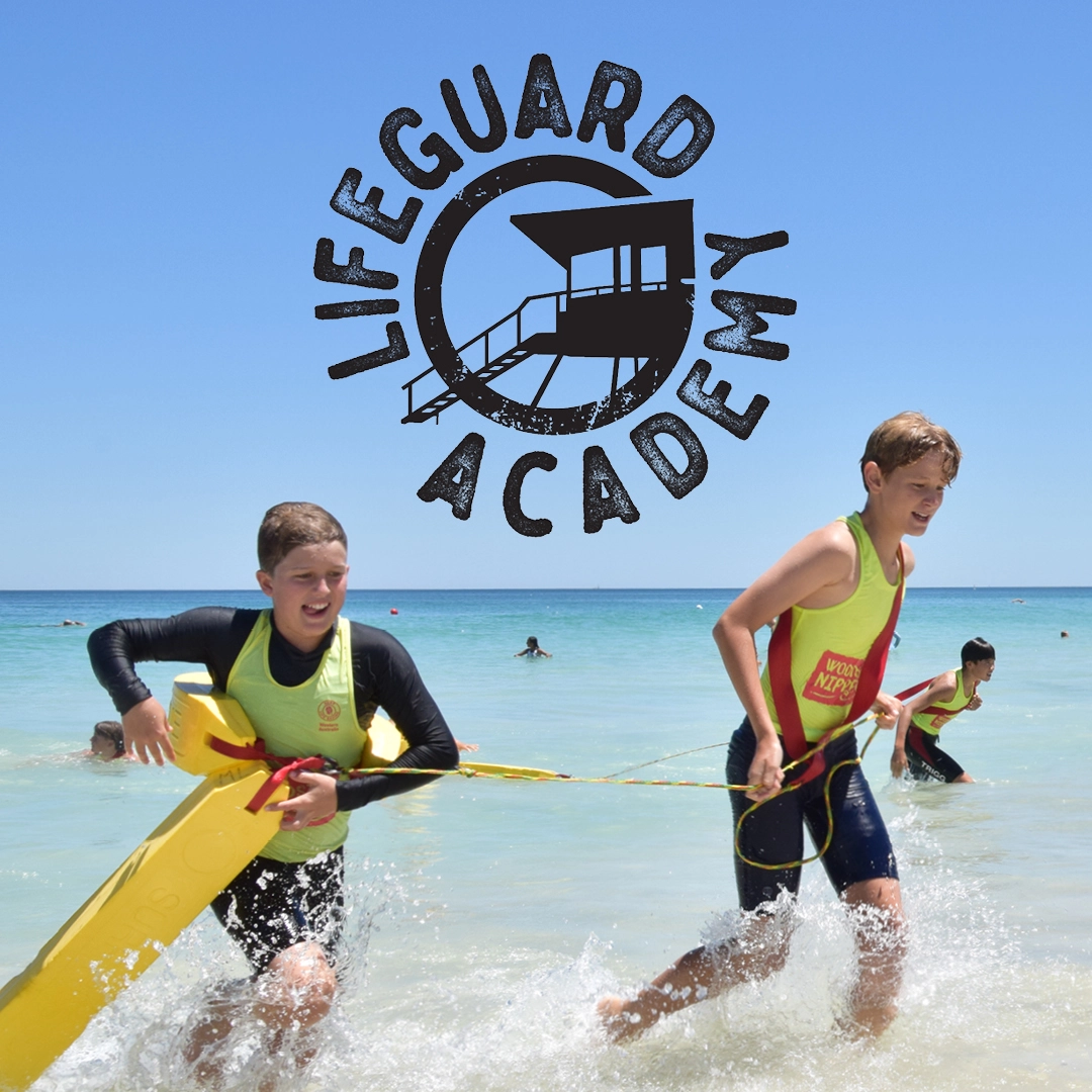 Lifeguard Academy logo over a beach training session