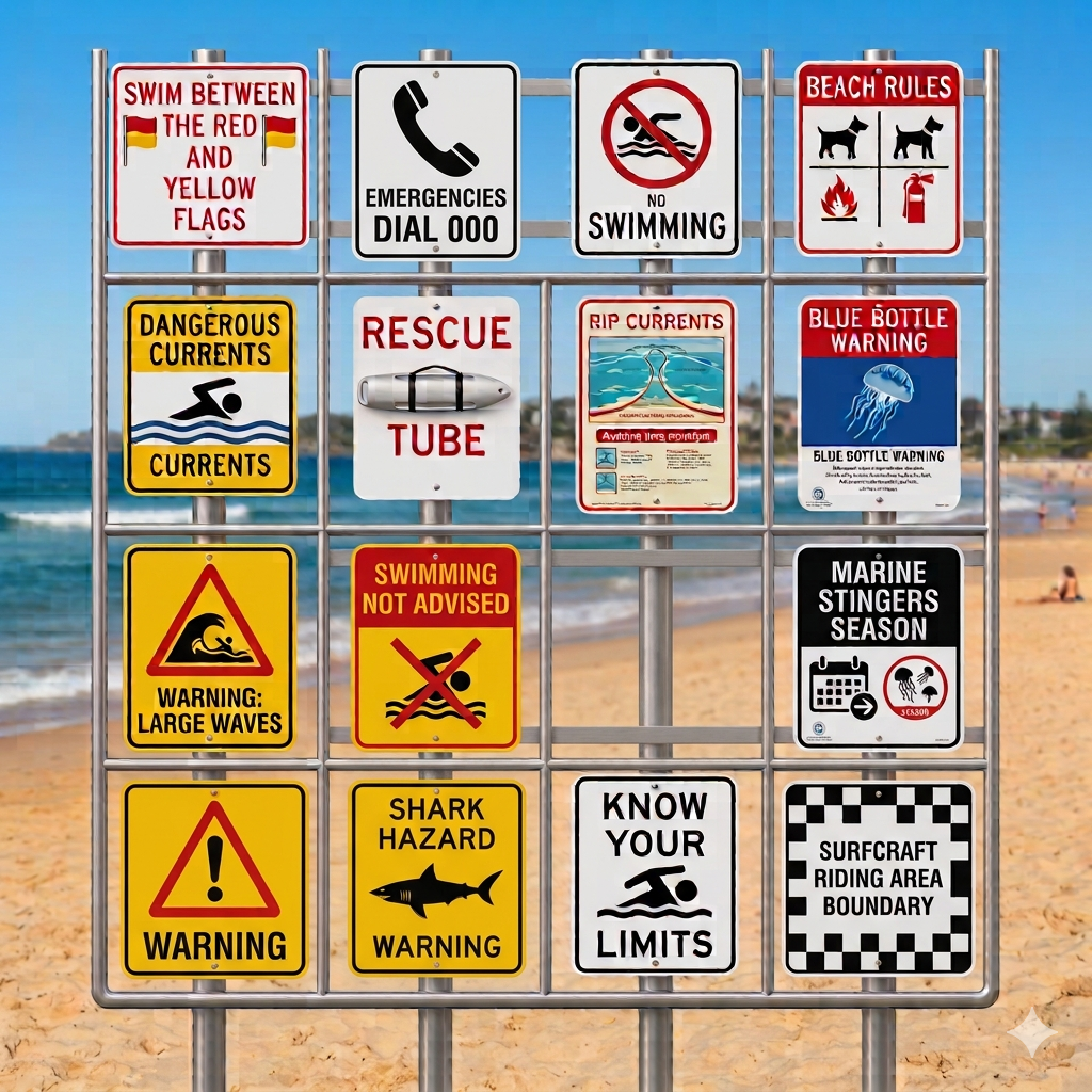 collage of australian beach safety signs