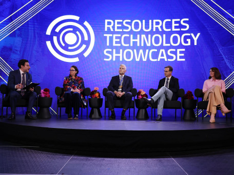 The Resources Technology Showcase event has been held at the Perth Convention Exhibition Centre in Perth. Pictured is Adrian Rauso (The West Business), Federal Resources Minister Madeleine King, Brendan Harris ( Sandfire), Corey Wurtzbacher (Caterpillar) and Kate Flanagan (Hancock) at the event