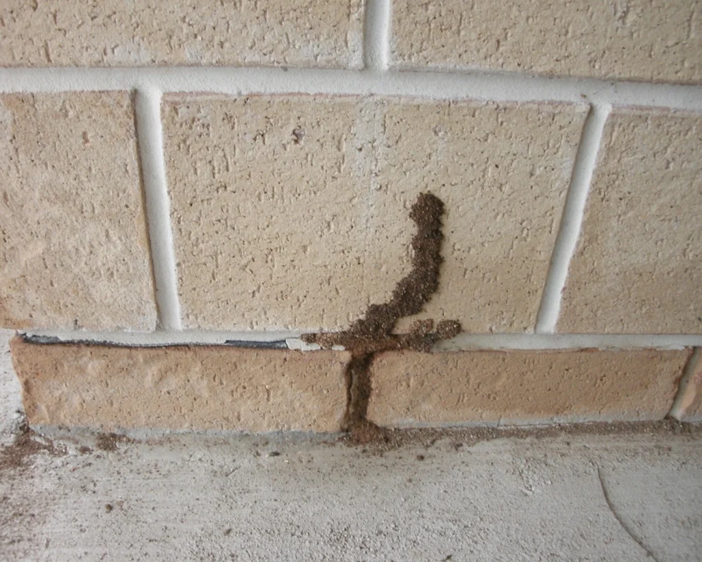 A termite mud tube attached to the side of a home, going from a concrete slab up onto a brick wall