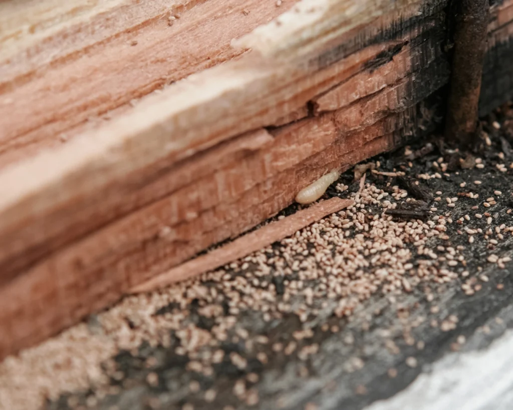Termite frass (termite poop) located next to damaged timber