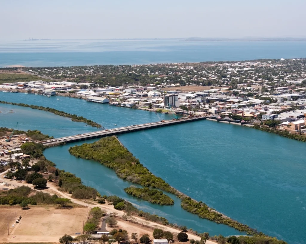 An aerial view looking towards Mackay town centre