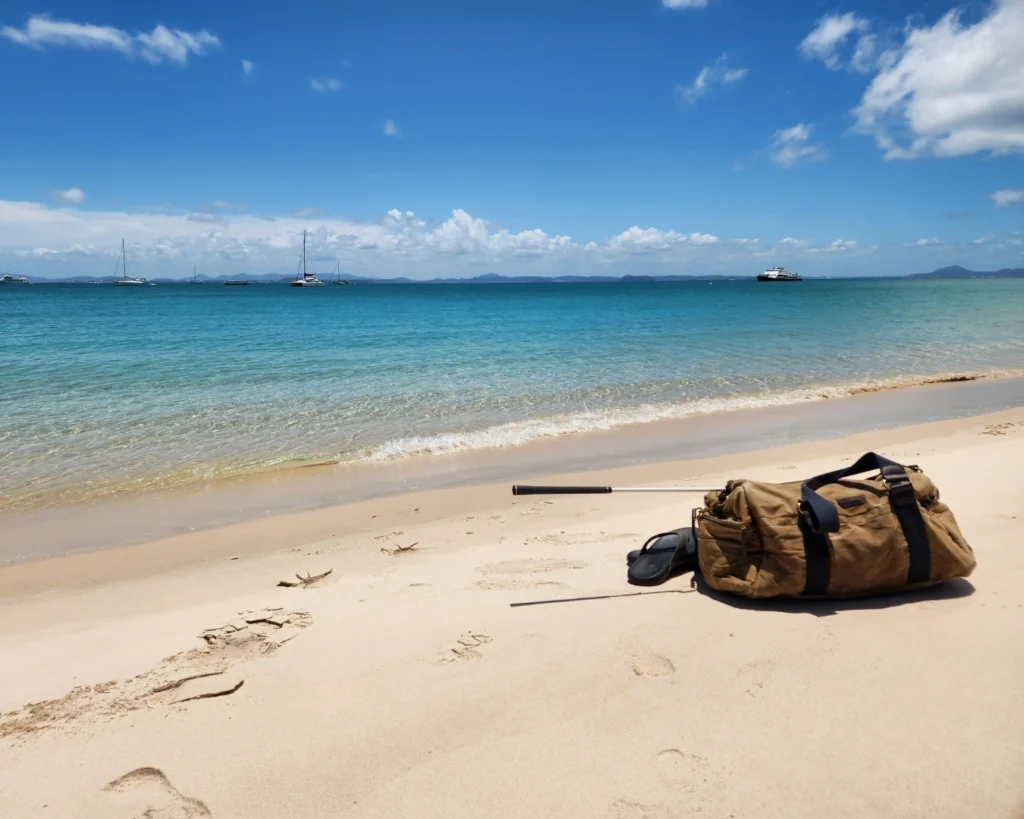A pest technician’s bag on a pristine beach on Great Keppel Island