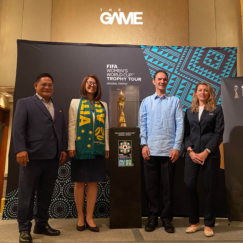 PFF General Secretary Atty. Edwin Gastanes, Australian Ambassador to the Philippines HK Yu, New Zealand Ambassador to the Philippines Peter Kell, and FIFA Trophy Tour organizer Sarah Gandoin with the trophy