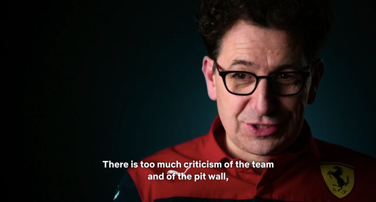 Netflix Drive to Survive scene of Mattia Binotto sharing his thoughts on the criticism aimed at Ferrari
