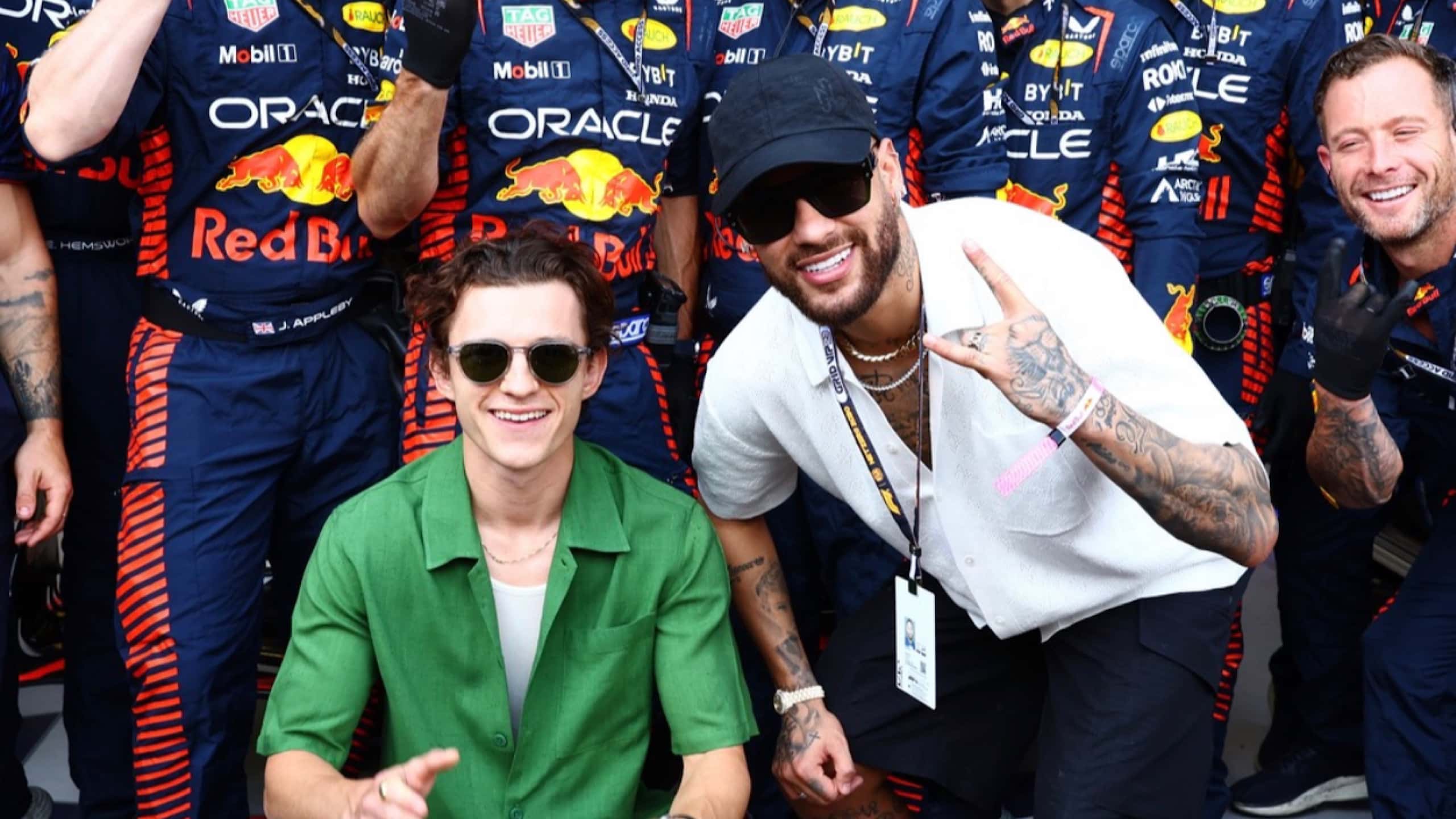 Tom Holland and Neymar in the Red Bull Garage at the 2023 F1 Monaco GP