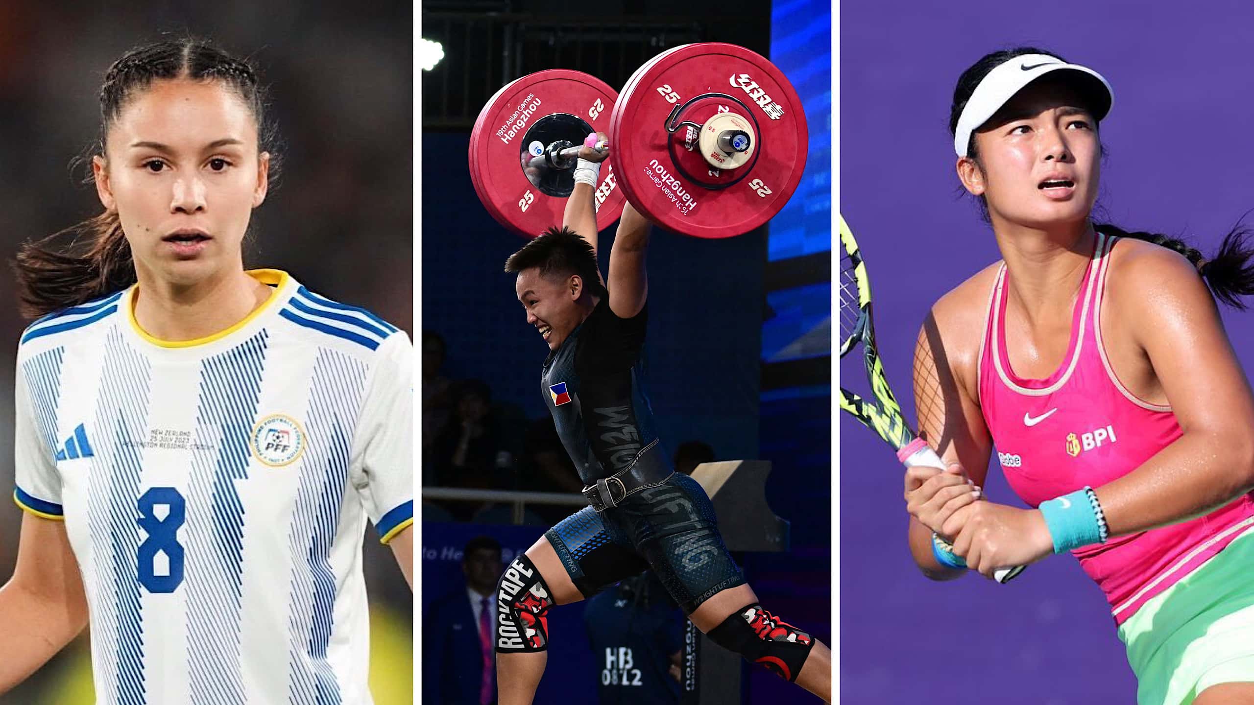 Women representing the Philippines at the 19th Asian Games: Sara Eggesvik (football), Elreen Ando (weightlifting), Alex Eala (tennis)
