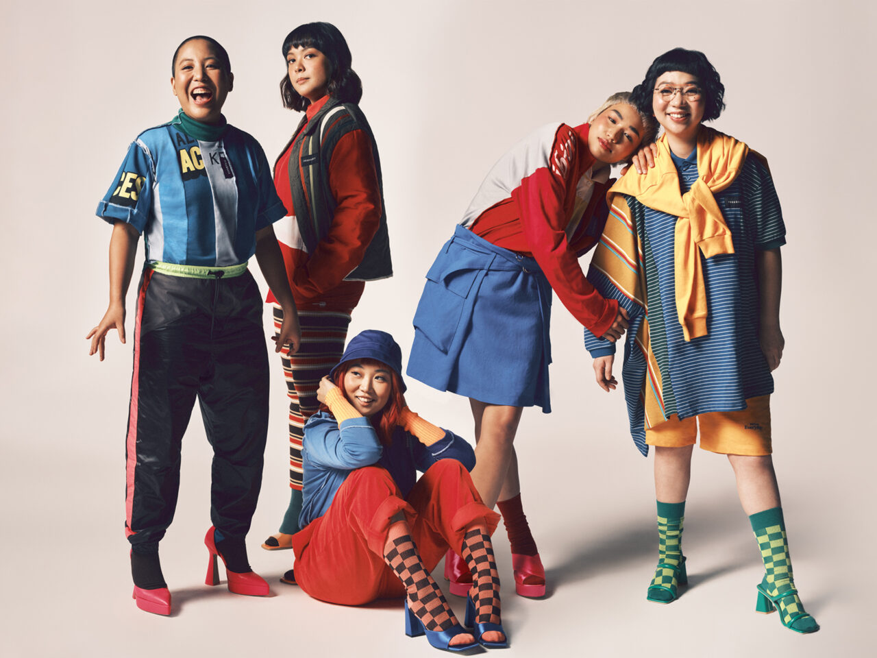 From left:Textile upcycler and designer Rio Cuervo, filmmaker Martika Ramirez Escobar, musician ena mori, Pat Cortez of Overlay Designs, and fashion designer Gabbie Sarenas. Photo by Sharif Hamza