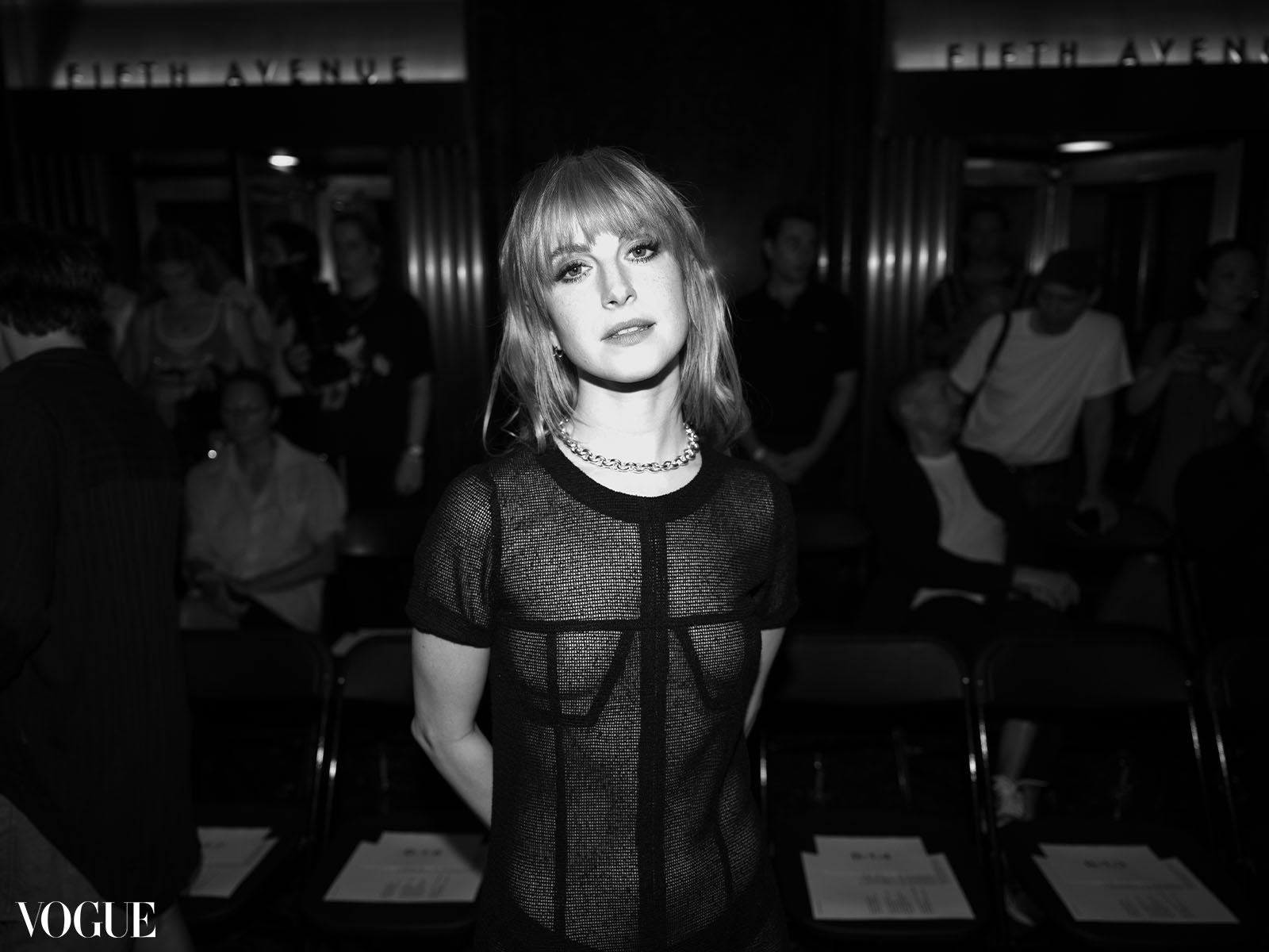 Black and white photo of Hayley Williams at Eckhaus Latta Spring 2024 at New York Fashion Week.